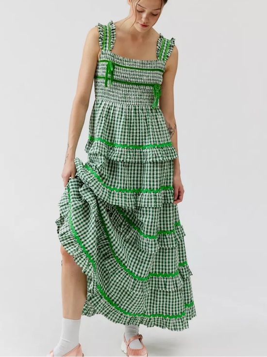 Anthropologie Dresses & Skirts - Anthropologie Neon Rose Gingham Ruffle Maxi Green Dress size L